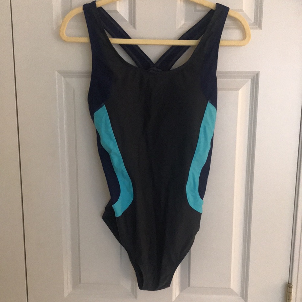 New Halcurt Black and Turquoise Blue One-Piece Racer Back Tank Swimsuit Size XL